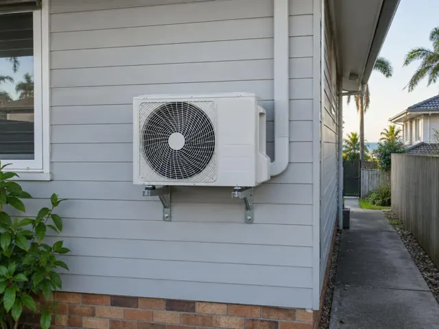 Wall-mounted split system outdoor unit on a timber-clad house beside a side path in Mermaid Beach